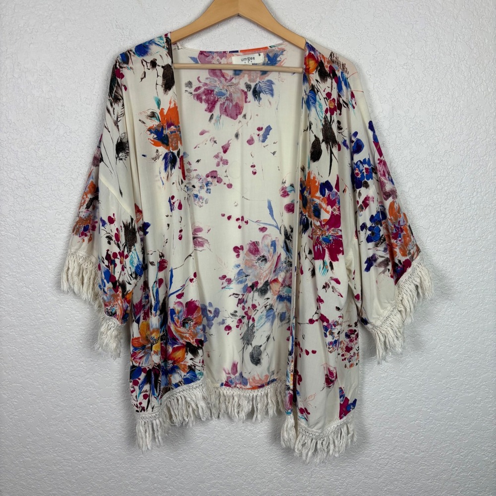 Umgee Women's Kimono SZ M Floral Fringe‎ Boho Beach Resort Vacation Cruise
